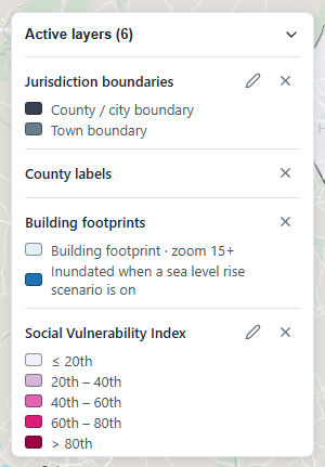 The active layers widget listing layers with pencil and remove buttons