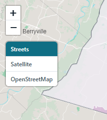 The basemap switcher with Streets, Satellite, and OpenStreetMap buttons under the zoom control