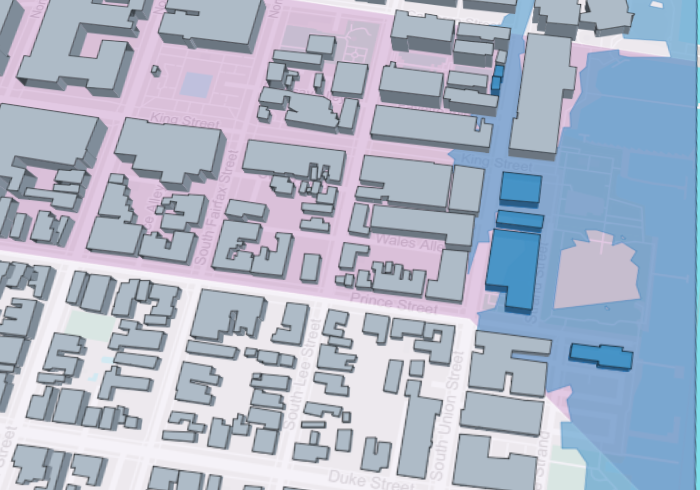 3D buildings near the waterfront tinted blue inside the sea level rise zone