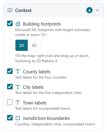 The Context group with County labels, City labels, and Town labels checkboxes