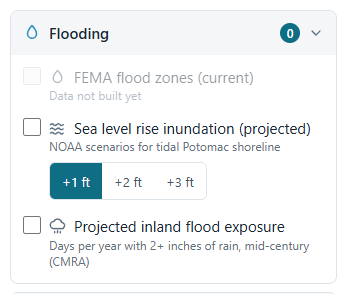 The Flooding layer group expanded, with checkboxes for each layer