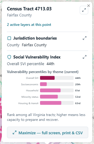 The click popup listing several layers with charts and maximize buttons