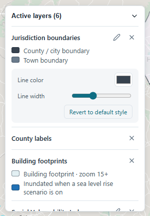 The style editor open in the active layers widget with a color swatch and width slider